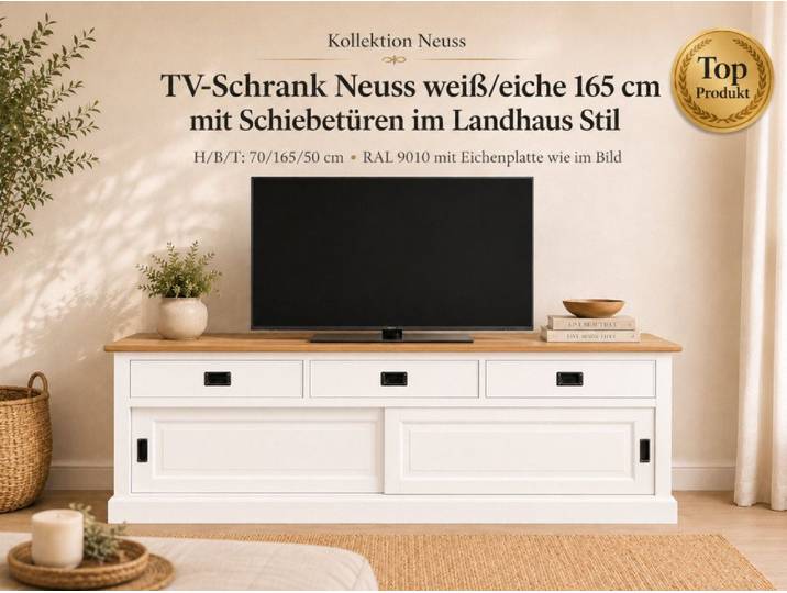 Wohnpalast TV-Board TV Board Neuss 165 cm weiß/eiche - Lowboard mit Schiebetüren