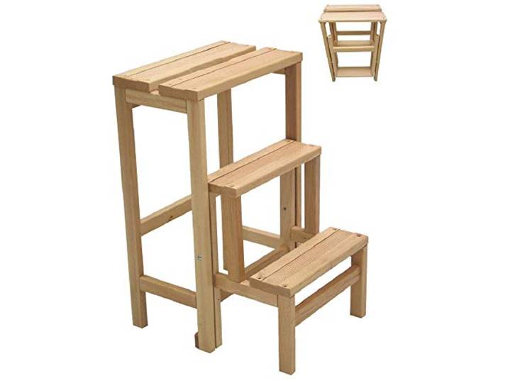 Klappstufen Leiter Schemel 3 klappbare Holzstufen Höhe 60 cm (Natürlich)
