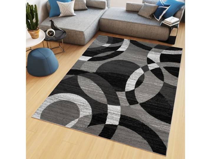 TAPISO Tapis Salon Poil Court Maya Gris Noir Cercles Polypropylène Intérieur 220x300