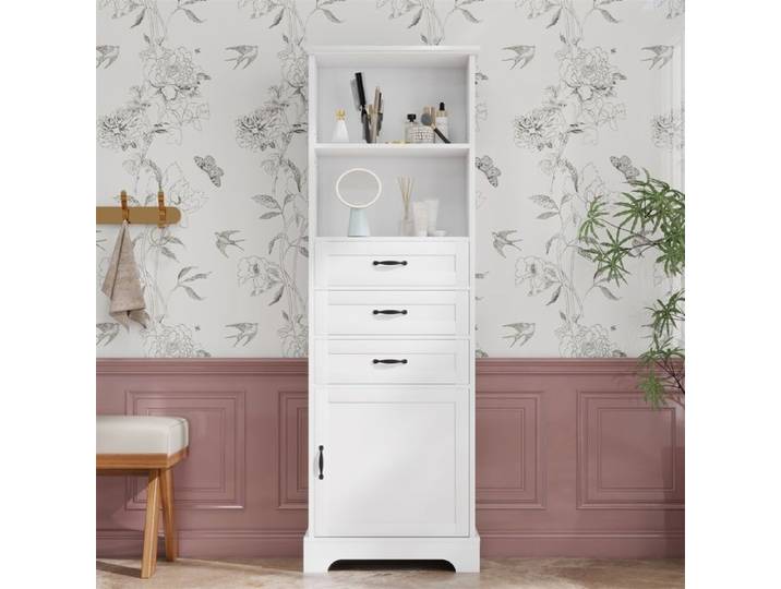 Meuble de Salle de Bain 56 x 25.6 x 167 cm - Armoire Colonne Rangement avec Tiroirs Étagères et Pieds Élevés - Blanc