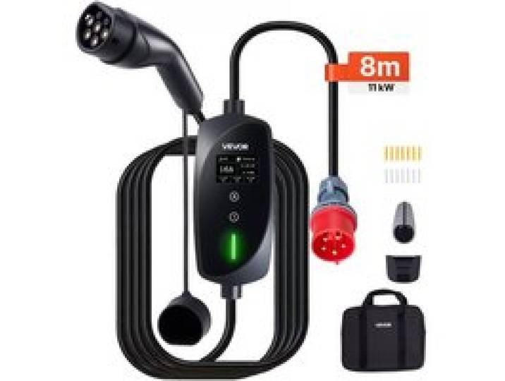 VEVOR Mobile Wallbox, 11 kW 16 A, Typ 2 Ladestation, Tragbares 3-Phasen-Ladegerät mit 8 m Ladekabel, CEE16-Stecker, LCD-Bildschirm, IP66-Steuereinheit, Stromversorgung für Elektrofahrzeuge