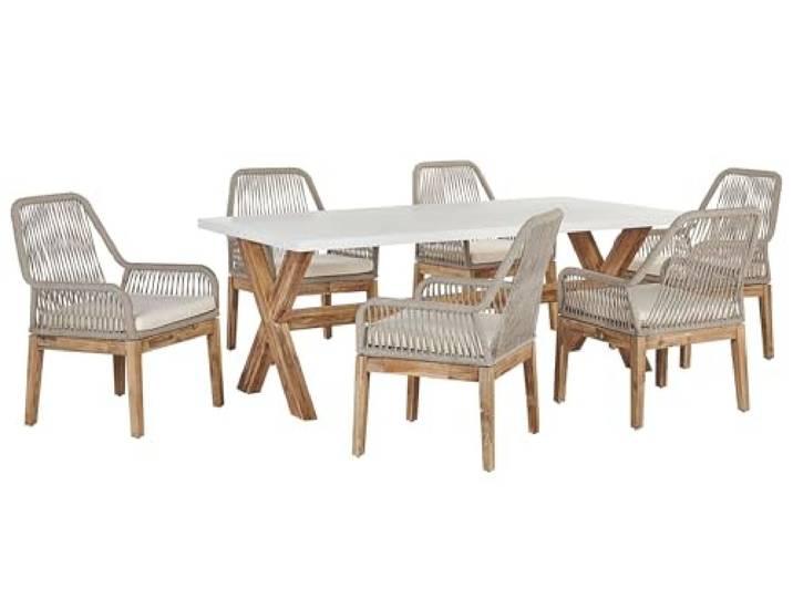 Moderner Gartentisch mit 6 Geflecht-Stühlen Faserzement weiß / beige Olbia