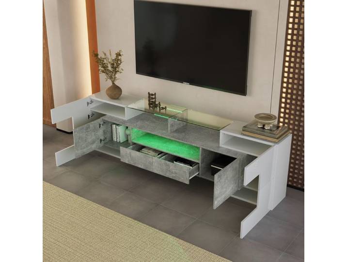 LPOSPI Meuble tv 200 cm avec led et plateau en verre - design moderne - structure mdf - gris et blanc