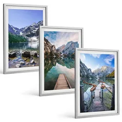 BILDER SET 3er Set - 40x60 cm Silberner Rahmen - Berge, Seen, Holzstege