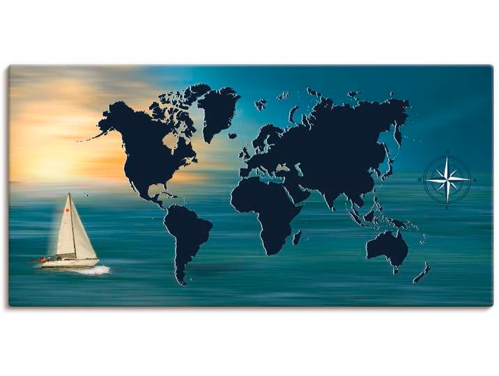 Leinwandbild ARTLAND Weltumsegelung mit Weltkarte , blau (farbe bild(er): blau), B:150cm H:75cm, Bilder, Leinwandbild, auf Holzrahmen gespannt