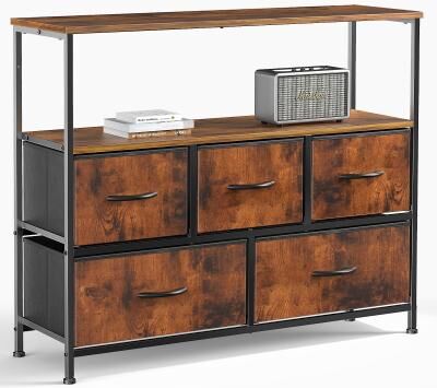 CoolArea 5-Drawer Dresser, Fabric Chest Storage Tower with Wooden Top and Open Shelf