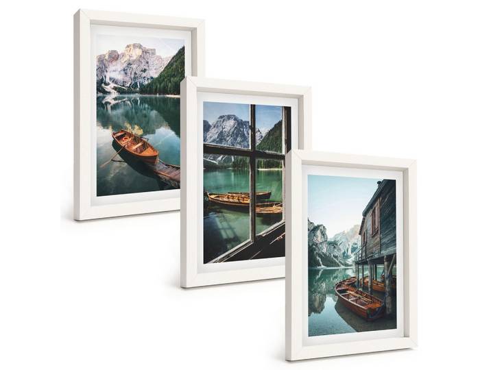 BILDER SET 3er Set - 20x30 cm Weißer Rahmen - Bootshaus am Bergsee
