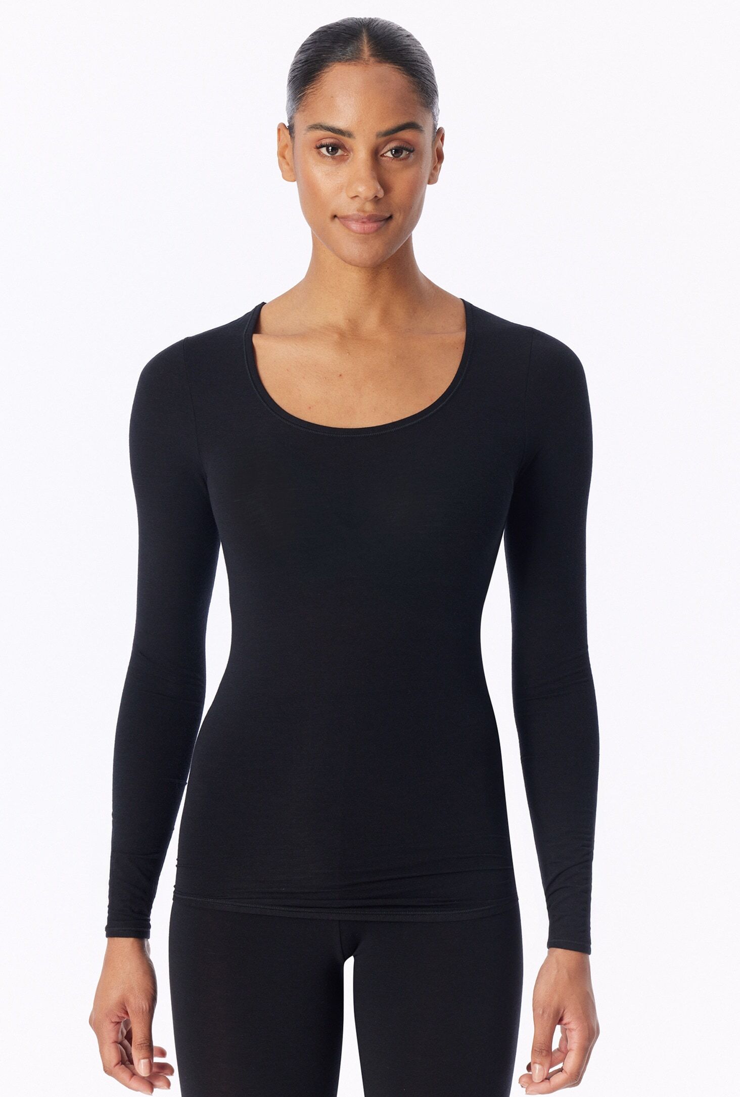 Langarmshirt SCHIESSER "Personal Fit", Damen, Gr. S, schwarz (000, schwarz), Single Jersey, Obermaterial: 55% Viskose, 25% Polyester, 20% Elasthan, unifarben, bequem hüftbedeckend, tiefer Rundhals, Shirts Langarmshirt, mit flachen Seitennähten für höchste