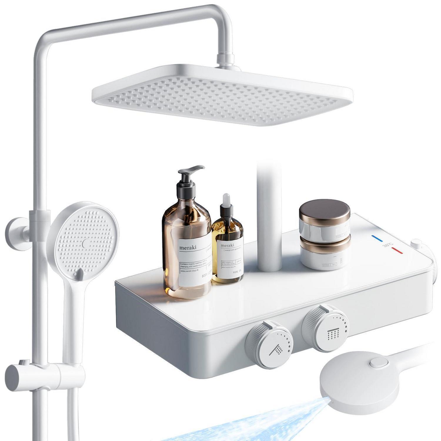 Duschsystem mit Thermostat und Kopfbrause Weiß, höhenverstellbar, mit Glasablage