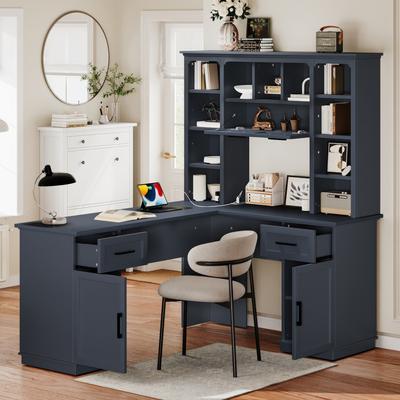 Telepassa L-Shaped Computer Desk with 11 Open Shelves and Power Outlet
