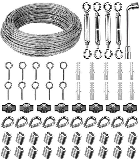 Ibenzoa Benza RVS-stalen kabelset voor buitengebruik en verlichting, 30 meter x 3 mm, nylon gecoat, inclusief montageaccessoires