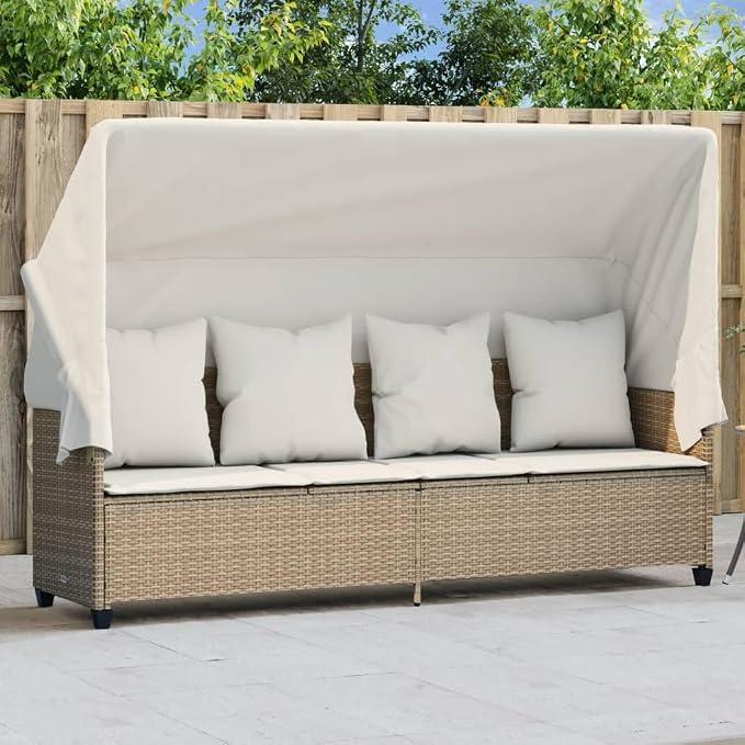 Sonnenliege Gartenliege mit Dach und Kissen Beige Poly Rattan, verstellbare Rückenlehne und Fußteil, PE Rattan Relaxliege mit Sonnenschutz