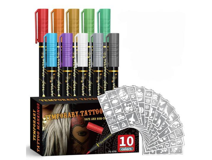Set de 10 feutres de tatouage temporaire 10 couleurs, 12 pochoirs de tatouage, Marqueurs corporels imperméables et résistants à la transpiration pour enfants et adultes, Fournitures de fête d'Halloween