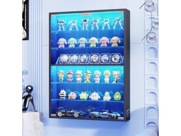 BROTTAR Wandvitrine mit Glastüren, Vitrine für Sportkarten, schwarz 6-stöckige, verstellbare Glasablagen, Vitrine für Schnapsgläser und Sammlerstücke, Vitrine für Sammelkarten, schwarz