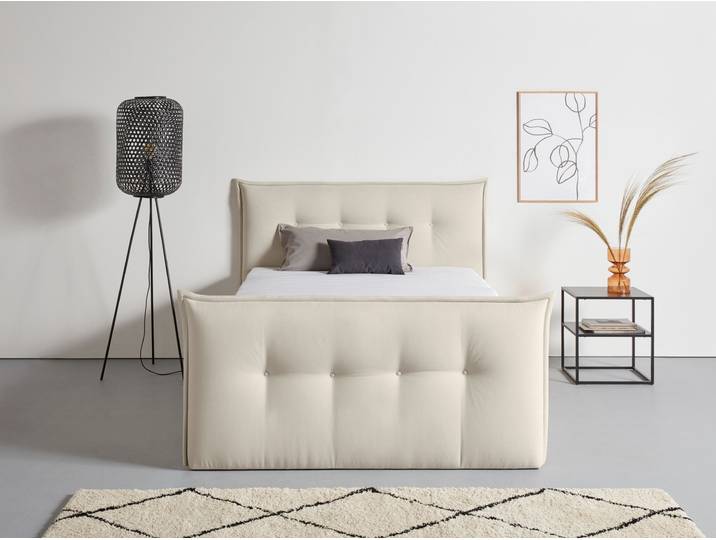 Boxbett, Strukturstoff, Beige, 175×226 cm, Mit Bettkasten & Topper, Skandinavisch, andas