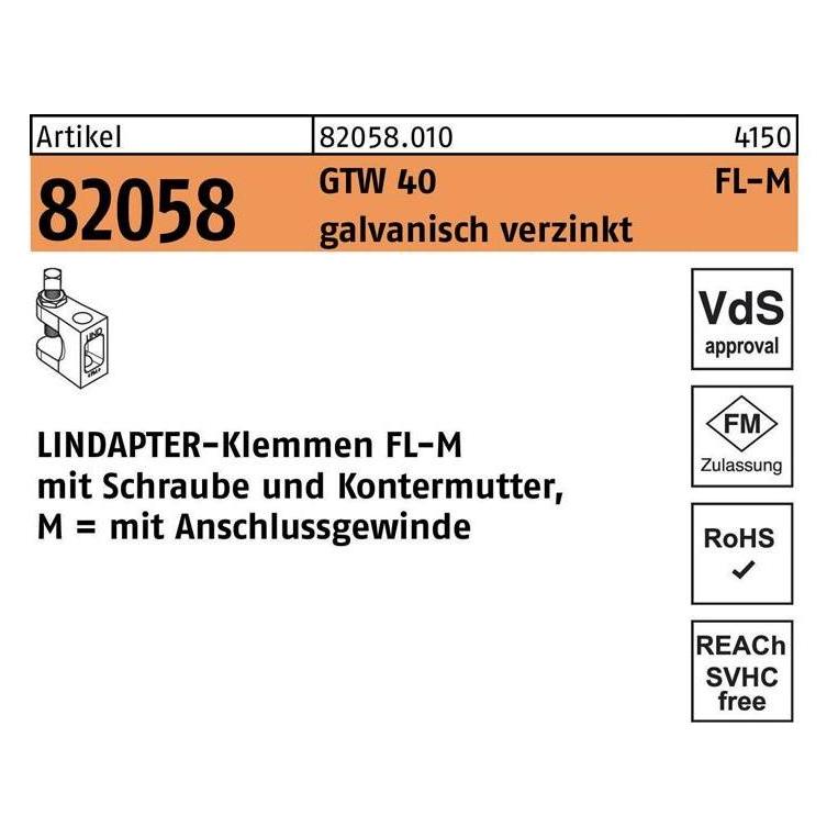 Lindapter Klemme R 82058 GTW 40 FL 1 M 8 galvanisch verzinkt (820580100010008)