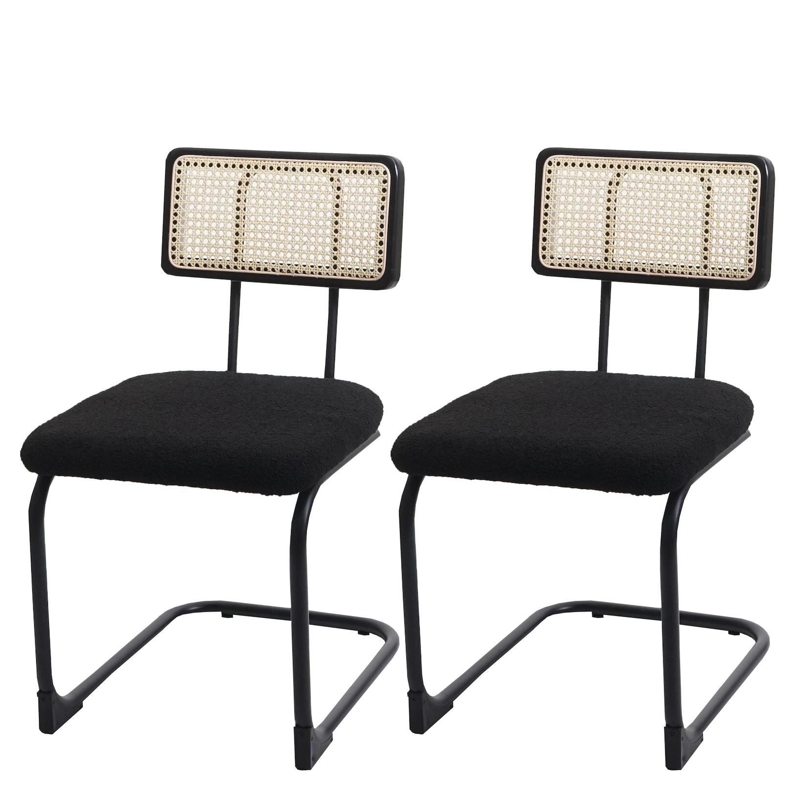 2er-Set Freischwinger-Stuhl MCW-K88, Stuhl Lehnstuhl, Holz Rattan Metall Bouclé ~ Stoff/Textil schwarz