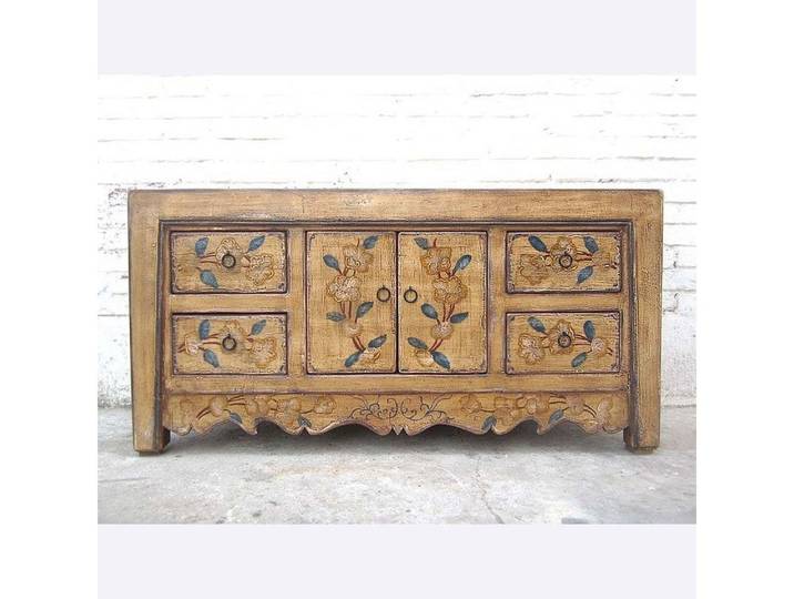 Luxury-Park-Direct Kommode Asien kleines TV Lowboard florale Bemalung Naturholz.Luxury Park