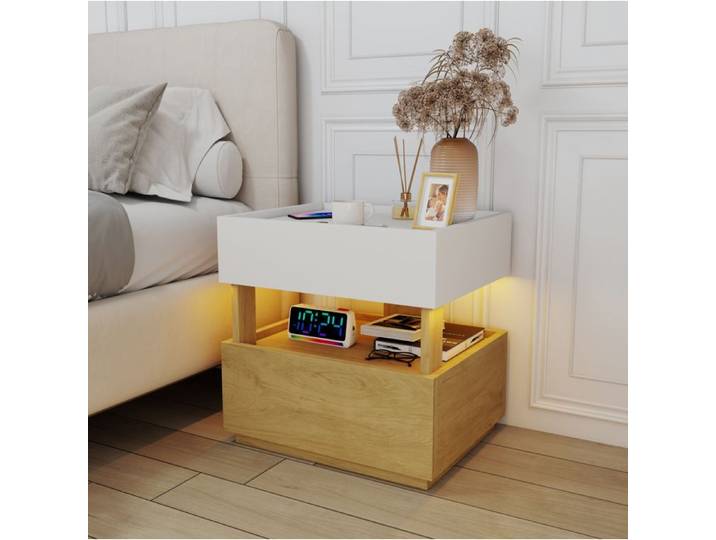 WUVRIE Table de chevet 50 x 40 x 50 cm 2 tiroirs LED et recharge sans fil blanc et naturel