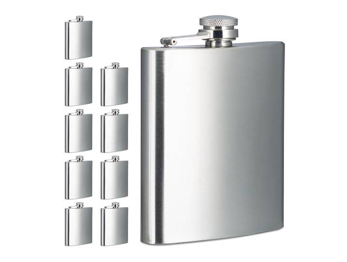 Relaxdays Flachmann Silber 10er-Set Edelstahl 200 ml, Silberfarben, Metall, 9.5x12.5x2 cm, Bar- & Weinzubehör, Barzubehör