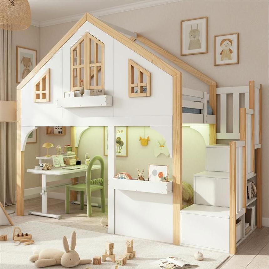 Merax Etagenbett 90x200cm mit LED und Stauraumtreppe, , Hochbett in Fenster-Form mit Lattenrost aus Holz, Hausbett mit Öffnende Fenster, Weiß + Natur