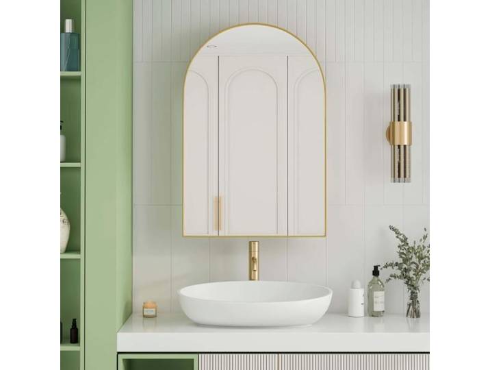Miroir Armoire Arche Doré avec Étagères Réglables Encastrable ou Mural 91x61 cm Salle de Bain