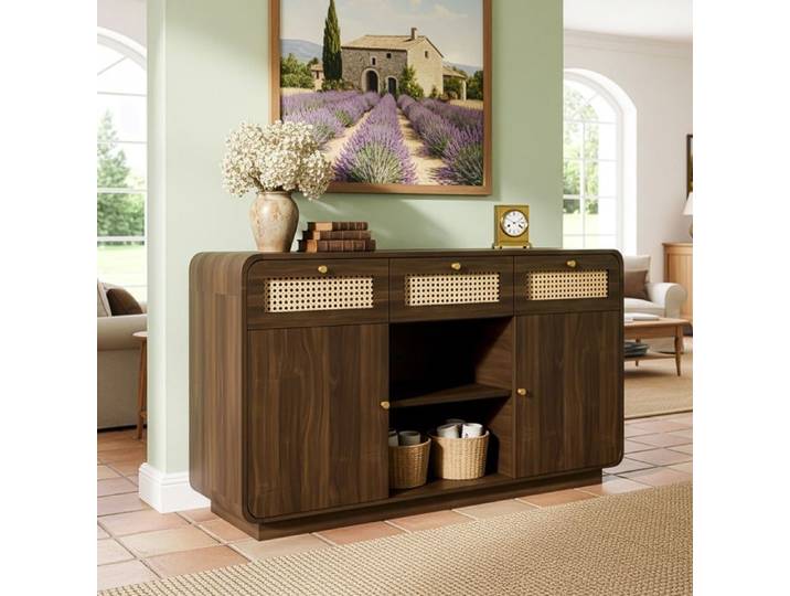 Buffet 120 cm en Noyer Commode 3 Tiroirs Façades Rotin Tressé 2 Portes Étagères Intérieures Réglables et Étagère Ouverte Centrale