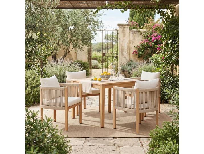 Ya-Home Lot de 4 Chaise de Jardin Exterieur avec Dossier en Corde Tressée Fauteuil Cadre Métal pour Terrasse Cour Balcon Beige