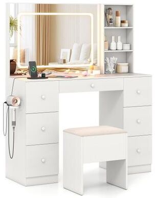 Costway Vanity Desk with Mirror and Lights Makeup Dressing Table Vanity Table and Stool Set-White