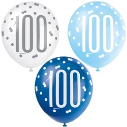 6 Luftballons blau & silber Zahl 100