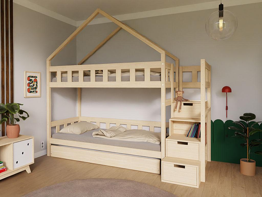 Etagenbett im Hausstil PLOTTY mit Stufen mit Stauraum 90x200 cm - Hellgrau - Links - Doppelschublade