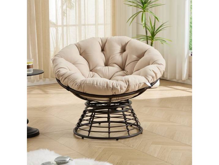 Fauteuil Papasan Pivotant 360° avec Coussin Chaise de Jardin pour Salon Balcon Chambre 92x92x67cm Beige