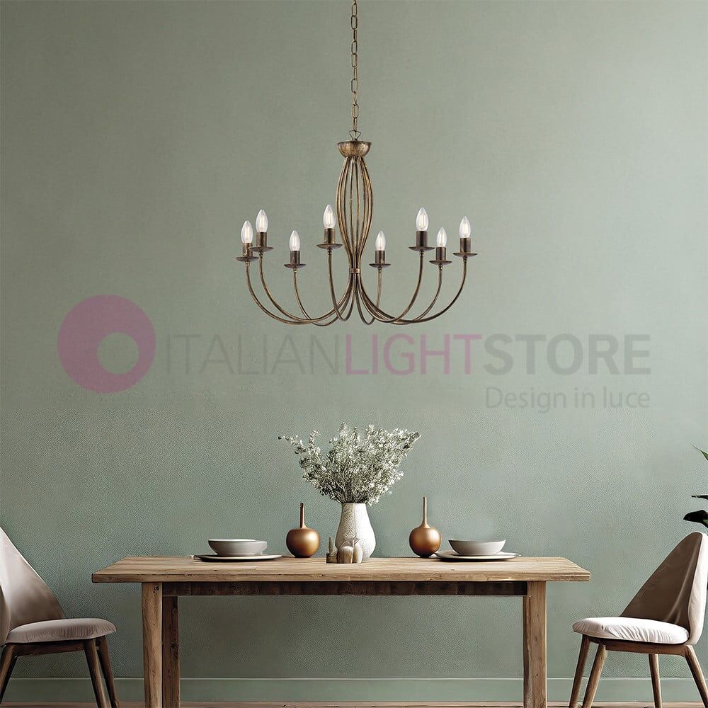 Baja Lampadario Candelabro Ferro A 8 Luci Classico Marrone Oro