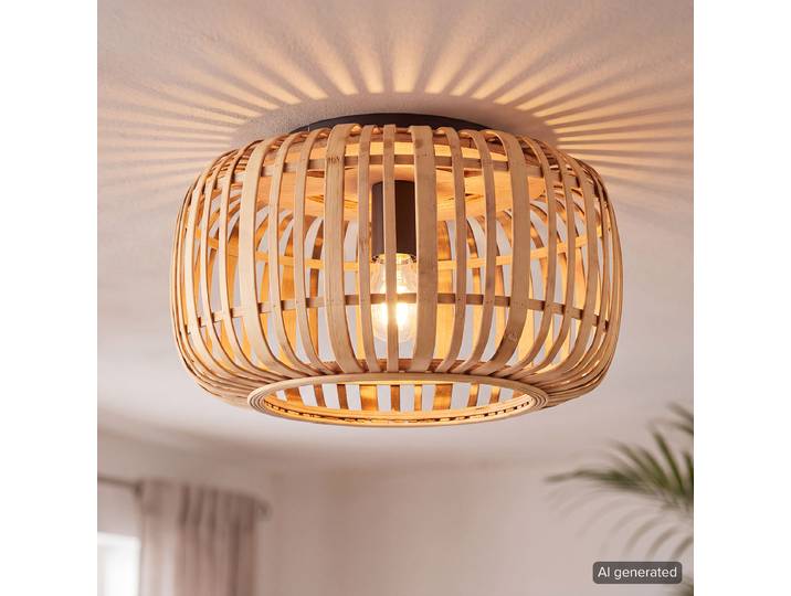 Deckenleuchte Woodrow Ø 40cm Beige Material: Metall, Naturfaser Metallart: Eisen Naturfaserart: Rattan Oberfläche Holz: Lasiert Oberfläche