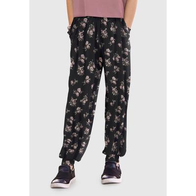 Haremshose KIDSWORLD "Viskosehose mit Blumen-Allover", Mädchen, Gr. 176/182, N-Gr, schwarz (schwarz, geblümt), Jersey, Obermaterial: 95% Viskose, 5% Elasthan, geblümt, mehrfarbig, bequem lang, Hosen Haremshose, in bequemer Form