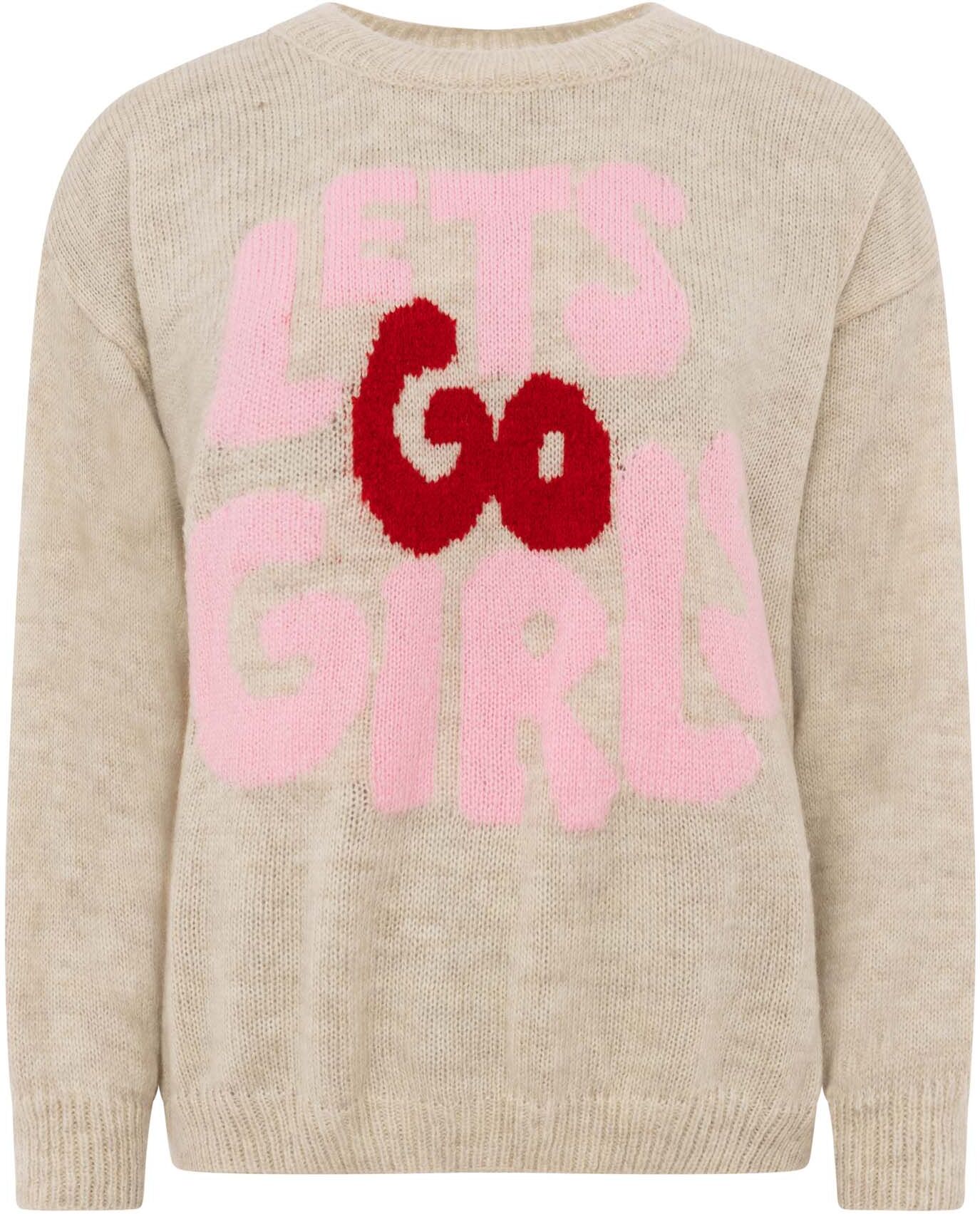 Strickpullover ZWILLINGSHERZ "Lets Go Girls", Damen, beige, Grobstrick, Obermaterial: 56% Polyacryl, 28% Polyamid, 8% Wolle, 8% Viskose, Basic hüftbedeckend, Rundhals, Pullover Strickpullover, Rundhals, Statement Schriftzug, One Size, Strick beige Einheit