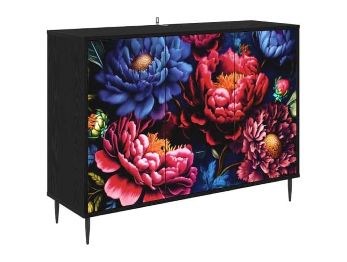 Foknhdi Sideboard KIEL Kommode Schwarz Eichen-Optik 102 x 33 x 76 cm Eleganter Mehrzweckschrank mit 3 Türen für Wohnzimmer und Flur, erhöhte Bodenfreiheit sorgt für ideale Luftzirkulation.