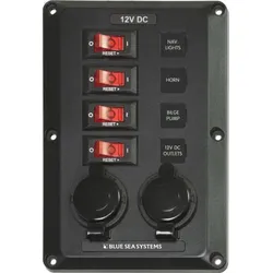 BLUE SEA - Below Deck - Schalttafel - 4 Kreise + 2x 12V Dose
