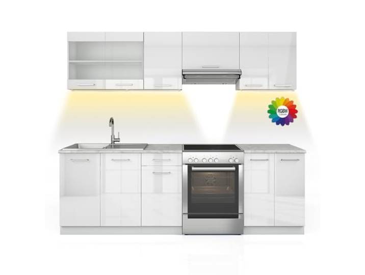 Vicco Küchenzeile R-Line, Weiß Hochglanz/Weiß 240 cm AP Marmor mit LED-Leisten, mit modularen Elementen flexibel kombinierbar