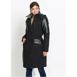 bonprix Long-Parka mit Lederimitateinsatz, schwarz, Gr.36, Mit Kapuze ausgestatteter Parka mit Lederimitateinsatz und Taschen, 58% Polyester
