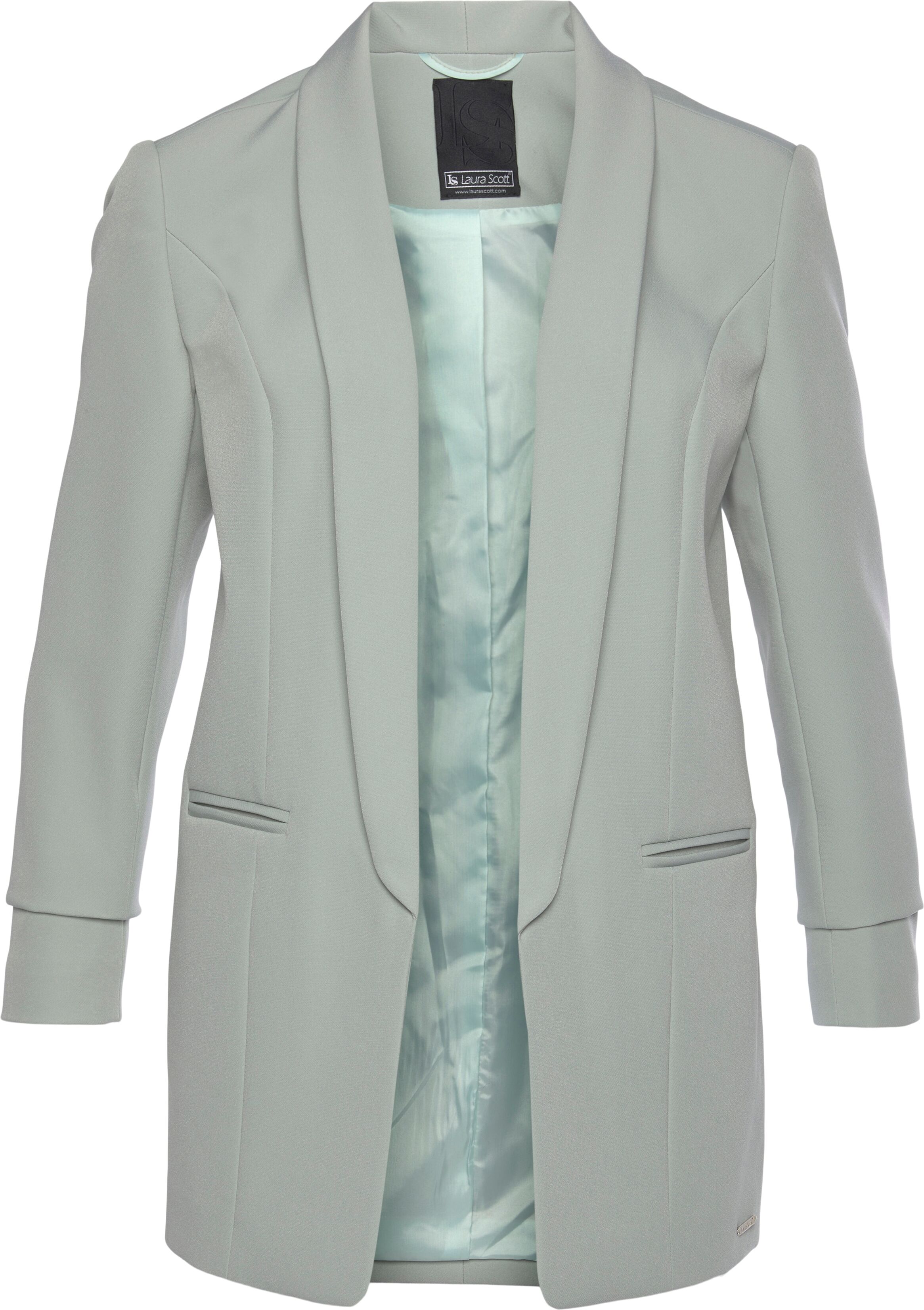 Longblazer LAURA SCOTT, Damen, Gr. 40, grün (salbei, eco), Web, Obermaterial: 90% Polyester, 10% Elasthan. Futter: 100% Polyester, figurbetont hüftbedeckend, Blazer Longblazer, mit gerafften Ärmeln salbei, eco 40