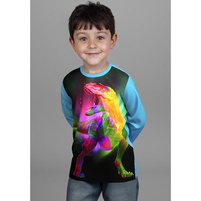 Langarmshirt KIDSWORLD "Dino-Shirt", Jungen, Gr. 140/146, blau (türkis), Single Jersey, Obermaterial: 100% Baumwolle. Obermaterial Vorderteil: 100% Polyester, bedruckt, Basic hüftlang, Rundhals, Rippbündchen, Shirts Langarmshirt, Dino Fotodruck