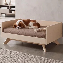 Tierbett MCW-Q64, Haustierbett Katzen-/Hundebett Tierkörbchen Tierliege, Holz MVG 32x72x50cm ~ natur, Kissen beige