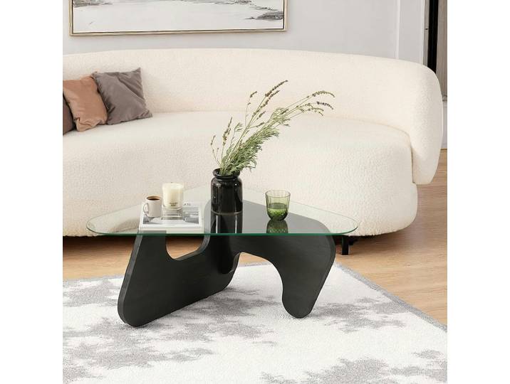 Table basse en verre - pied bois brun, forme triangle ANZIO