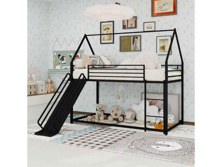 LEMONMAX Lit Mezzanine Métal 90 x 190 cm Lit Enfant avec Toboggan Design Maison Escalier et Garde-Corps Noir