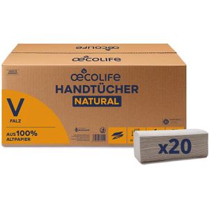 Oecolife Papierhandtücher Natural, 4801200, 1-lagig, Zick-Zack-Falz, natur, Recyclingpapier, 25 x 23 cm, 4800 Stück