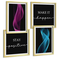 BILDER SET 4er Set - 50x50 cm & 40x60 cm Goldrahmen - Neonlinienwellen im Hintergrund