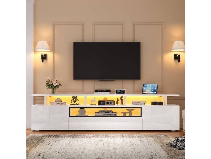 Meuble TV Blanc avec LED RGB et Armoire de Télévision Rangement et Porte Vitrée 180 x 38 x 45cm