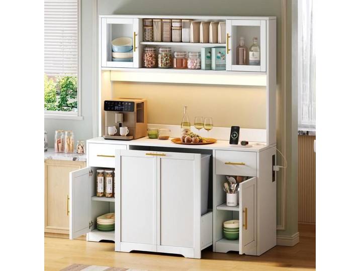 Buffet Cuisine Armoire de Cuisine Haute avec Plan de Travail et Tiroirs Armoire à Double Poubelle avec Poubelles Coulissantes Blanc