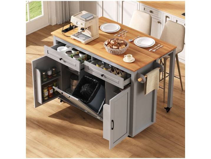 Îlot central de cuisine mobile gris – Plateau extensible station de recharge intégrée roulettes verrouillables